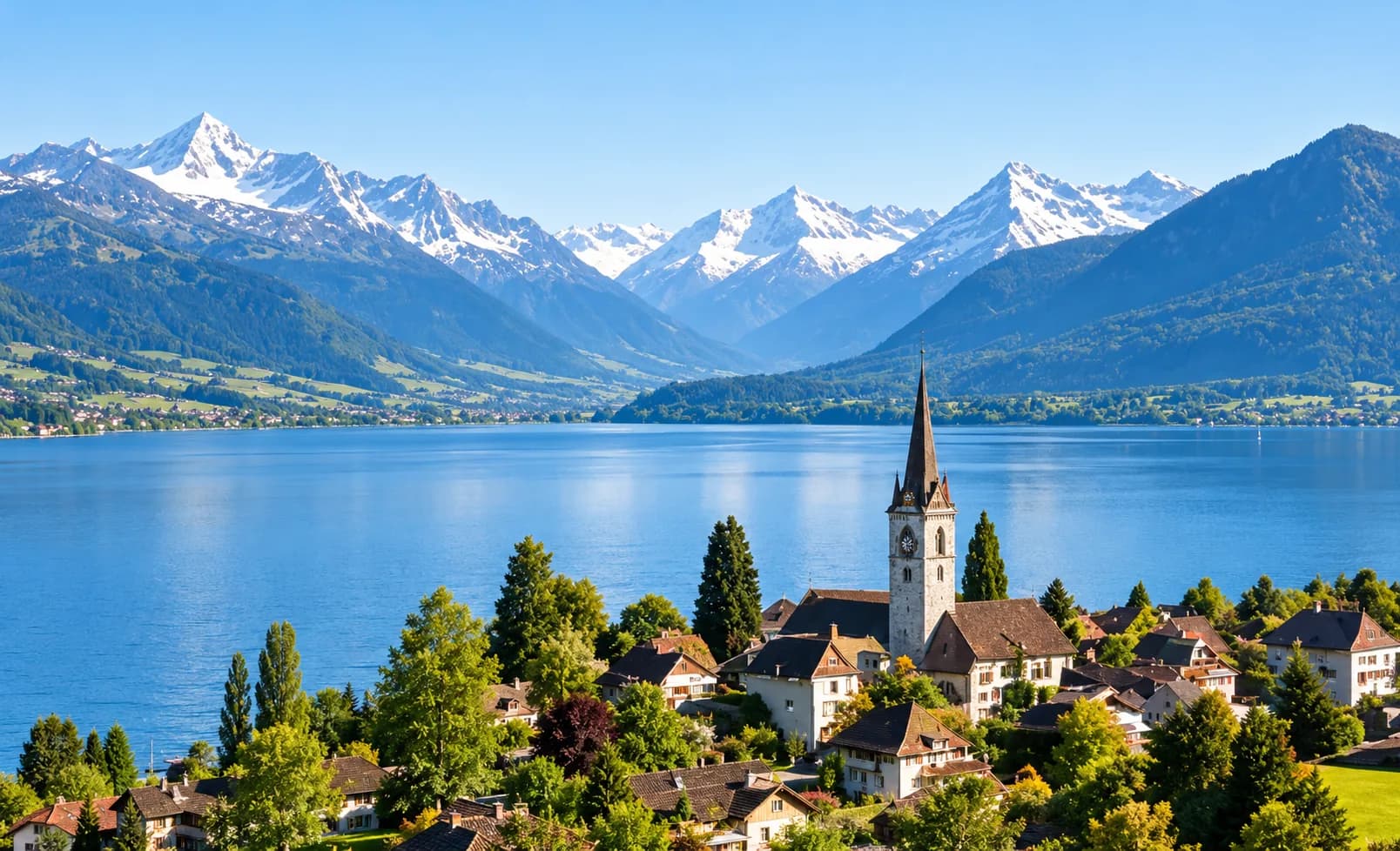 Village au bord d’un lac suisse, face aux montagnes
