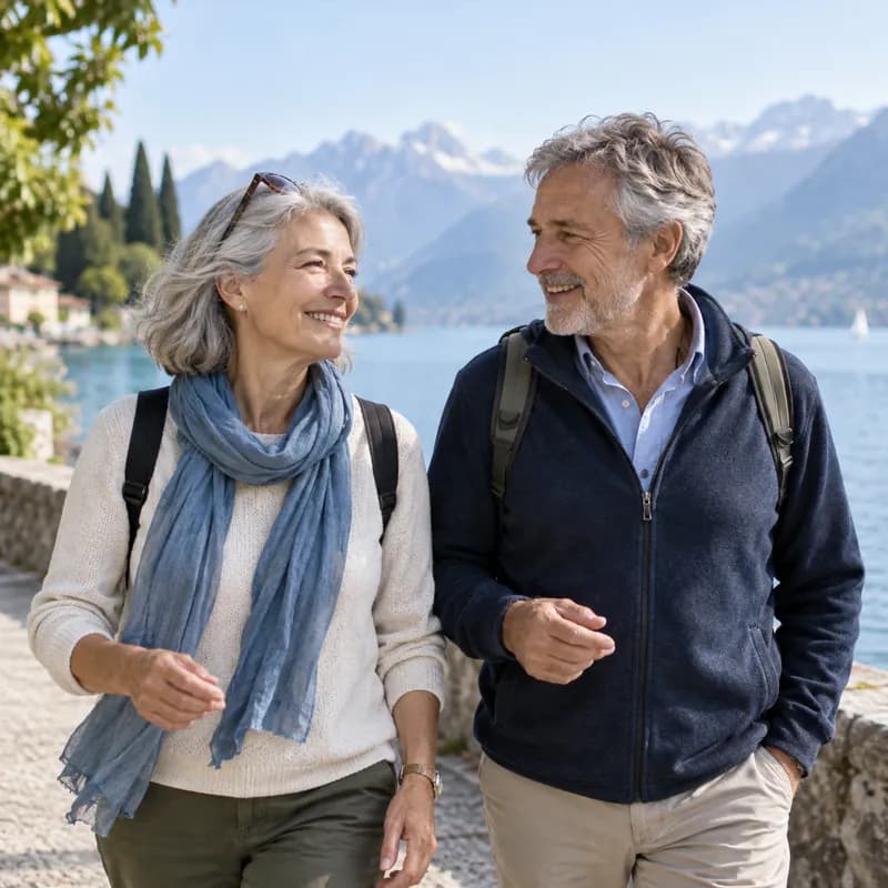 Couple de plus de 55 ans au bord du lac Léman préparant son départ à la retraite
