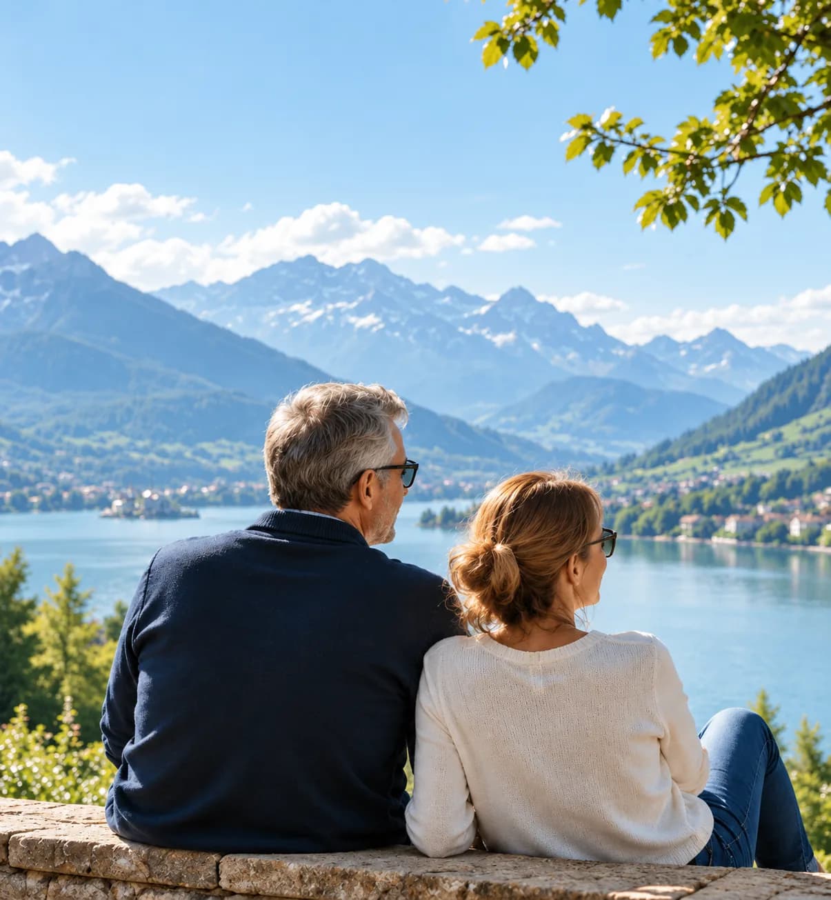 Un couple profite d’un panorama sur un lac et les montagnes suisses